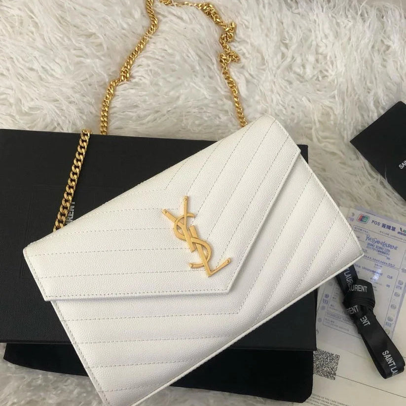 YSL Quilted Chain Wallet | White