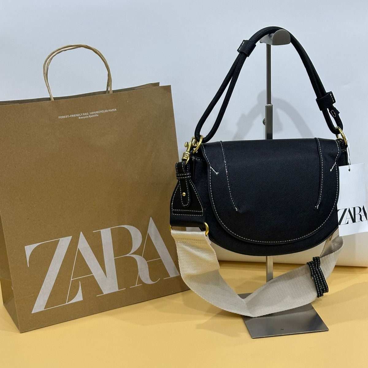 Zara Contrast Topstitch Bag | Black
